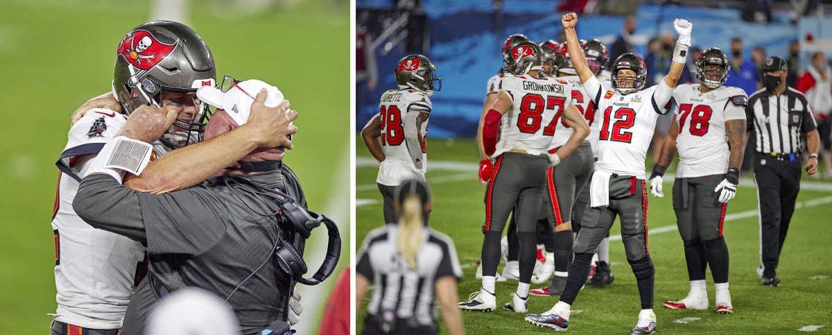 Tom Brady embraces Bruce Arians after the Bucs' Super Bowl LV win; Brady celebrates on the field toward the end of the Super Bowl.